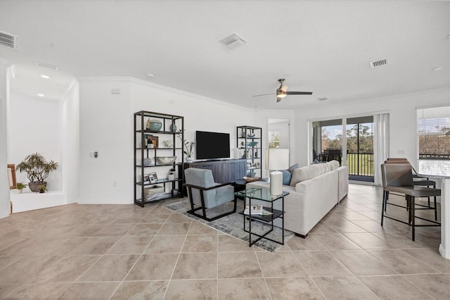 14640 Sycamore Ct Unit 2822, Punta Gorda, FL 33955 - living room featuring ornamental molding, a ceiling fan, and light tile patterned floors