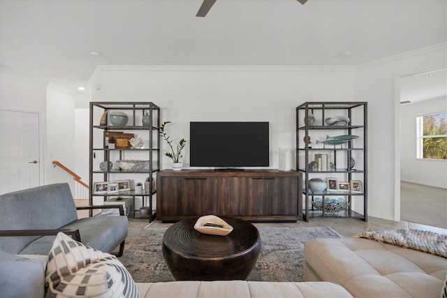 living room with ornamental molding and light tile patterned floors