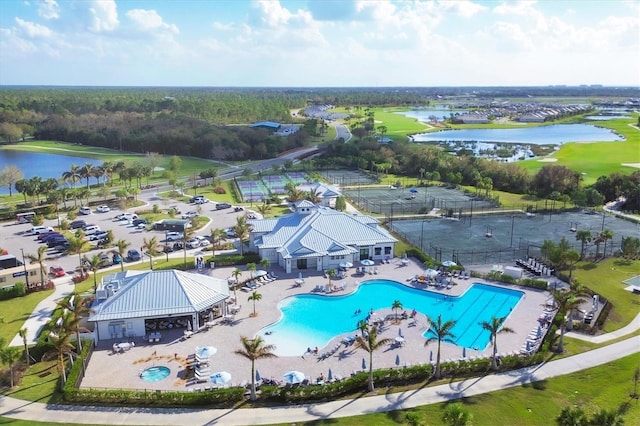 aerial view featuring a water view