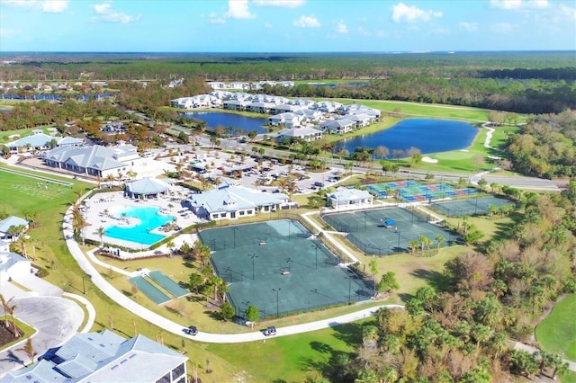 birds eye view of property featuring a water view