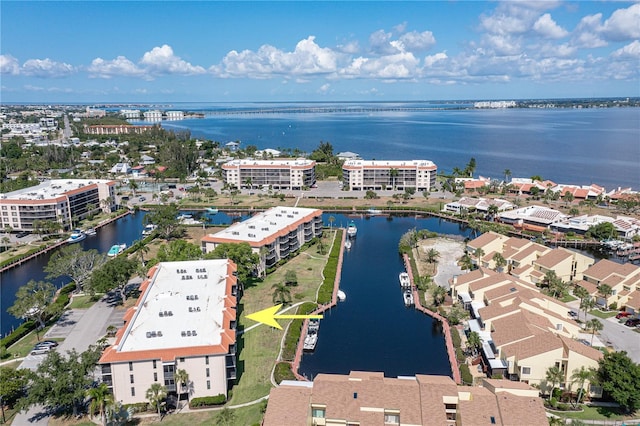 bird's eye view with a water view