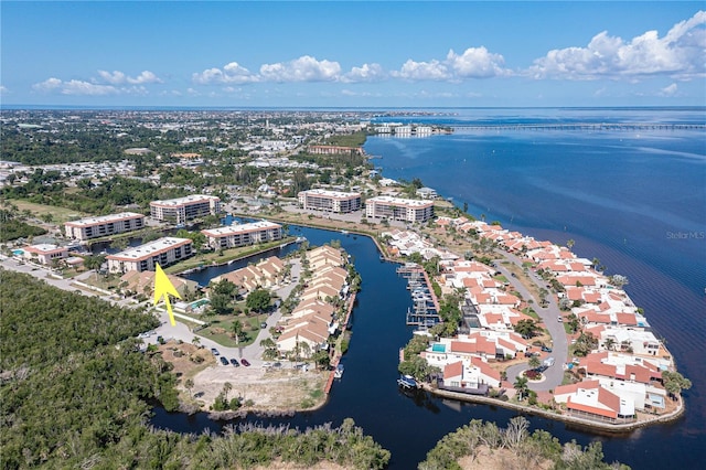 drone / aerial view featuring a water view