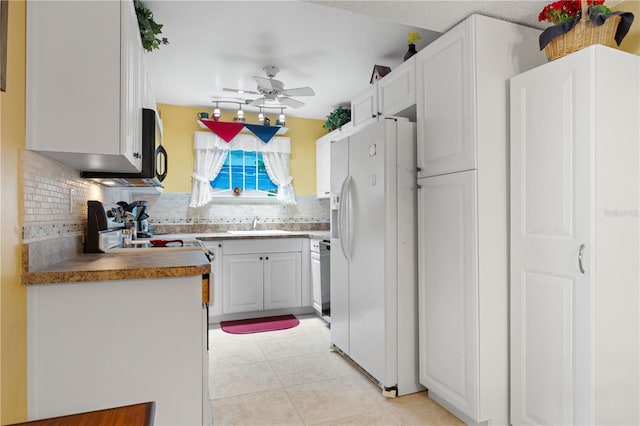 25188 Marion Ave Unit B304, Punta Gorda, FL 33950 - kitchen featuring white refrigerator with ice dispenser, stove, backsplash, and ceiling fan