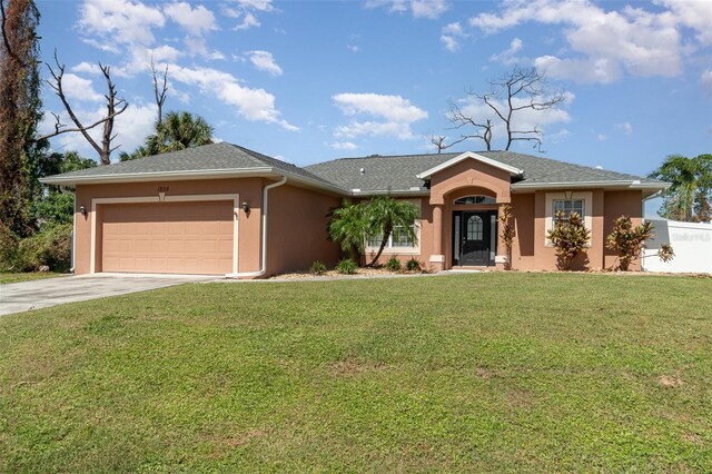 ranch-style home with concrete driveway, a garage, stucco siding, and a front lawn