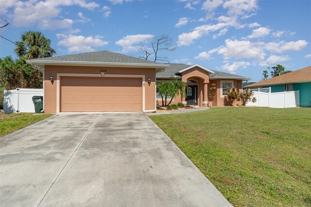 view of front of home with driveway, stucco siding, a front lawn, and fence