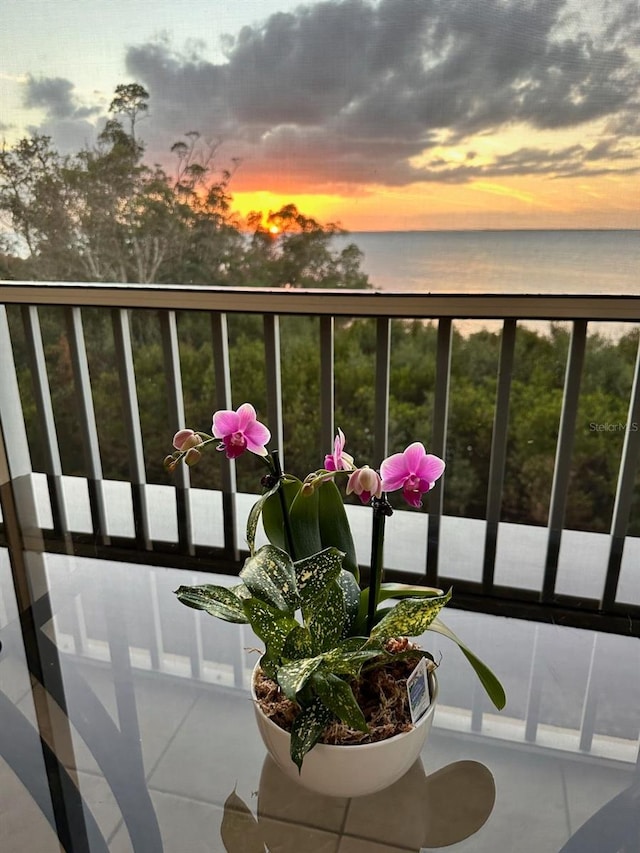 view of balcony at dusk