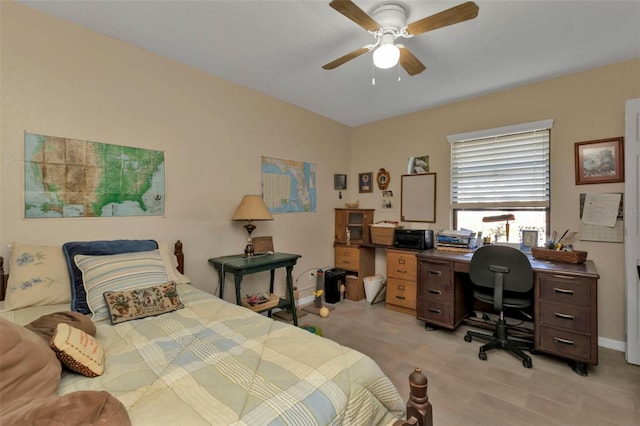 bedroom featuring light hardwood / wood-style floors and ceiling fan