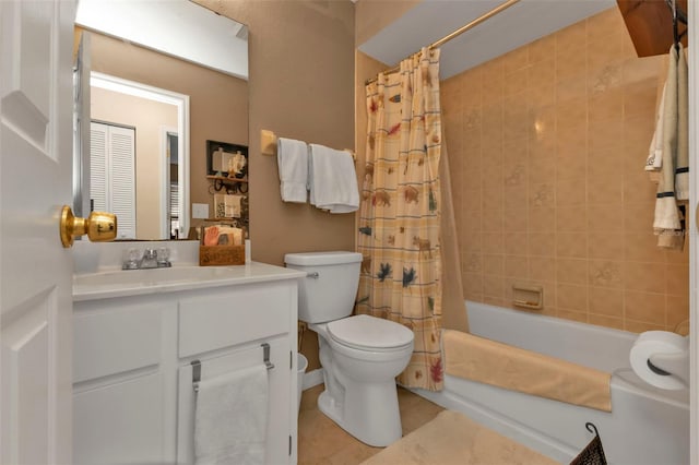 full bathroom featuring vanity, shower / bath combo, toilet, and tile patterned flooring