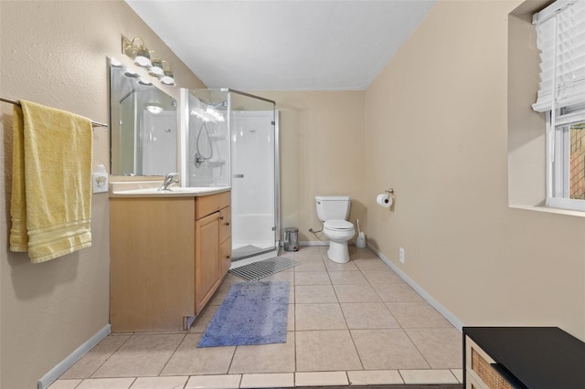 bathroom featuring vanity, tile patterned flooring, toilet, and walk in shower