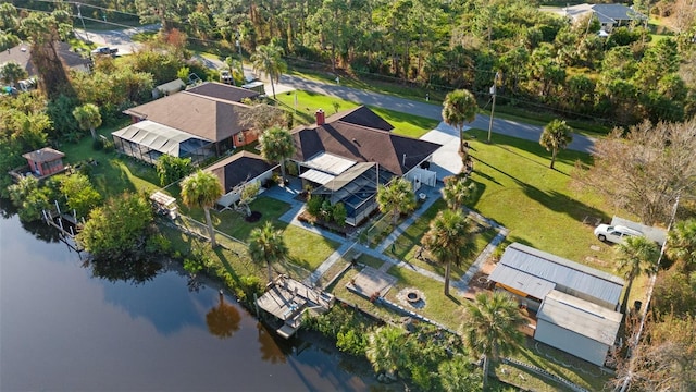 aerial view featuring a water view