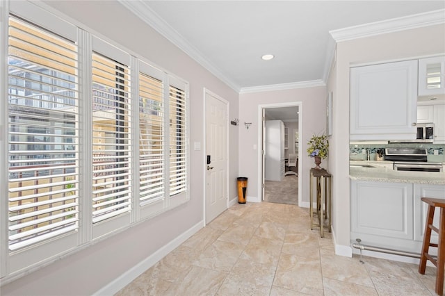 corridor featuring crown molding