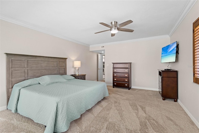 bedroom featuring crown molding, light colored carpet, and ceiling fan