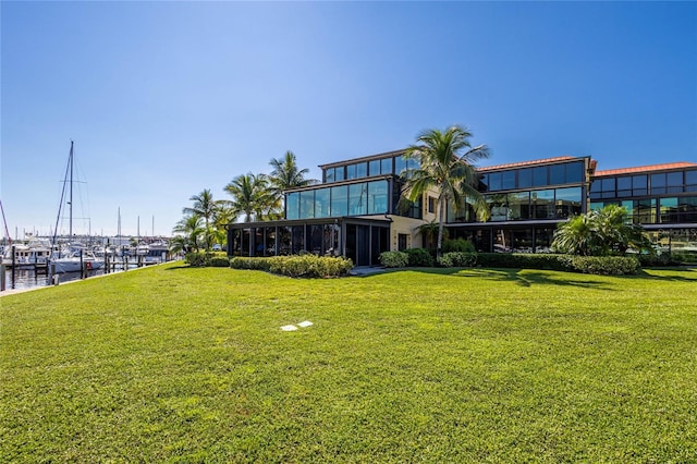 view of yard with a water view