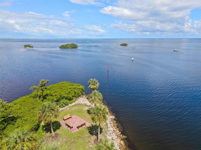 bird's eye view with a water view