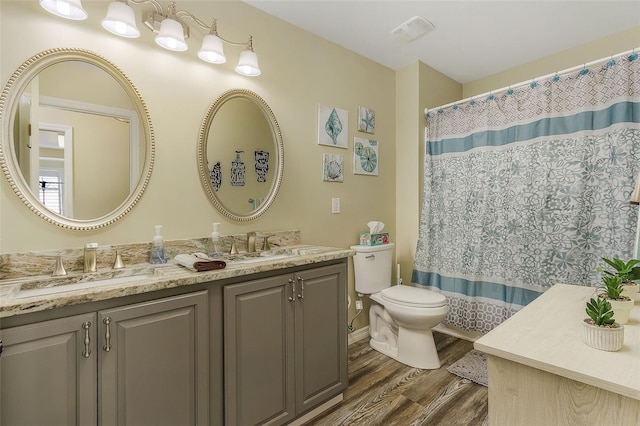 bathroom featuring vanity, toilet, wood-type flooring, and curtained shower