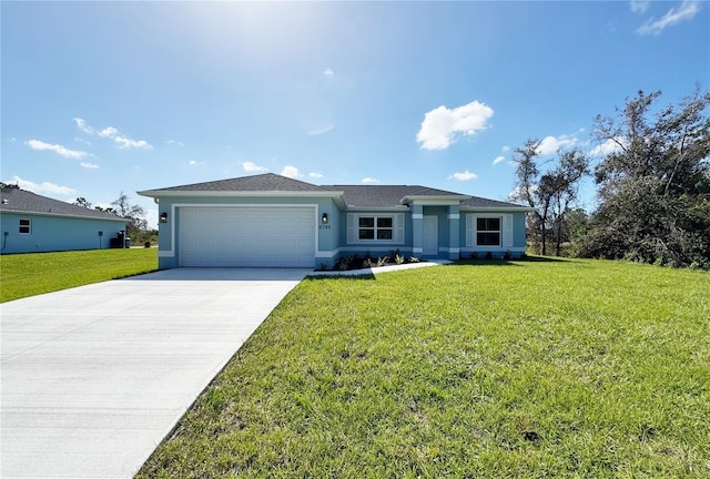 ranch-style home with a front yard and a garage