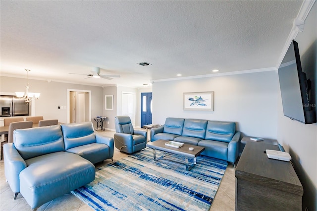 tiled living room with crown molding, a textured ceiling, and ceiling fan with notable chandelier