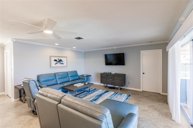 tiled living room featuring ceiling fan, crown molding, and a textured ceiling