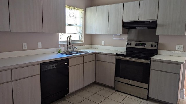 kitchen featuring dishwasher, sink, exhaust hood, light tile patterned flooring, and stainless steel electric stove