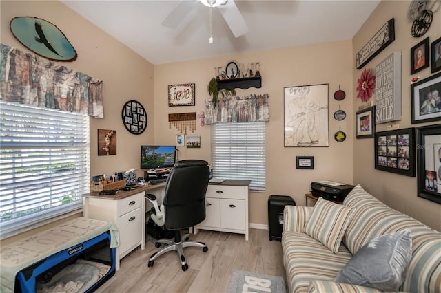 office area featuring light wood-type flooring and ceiling fan