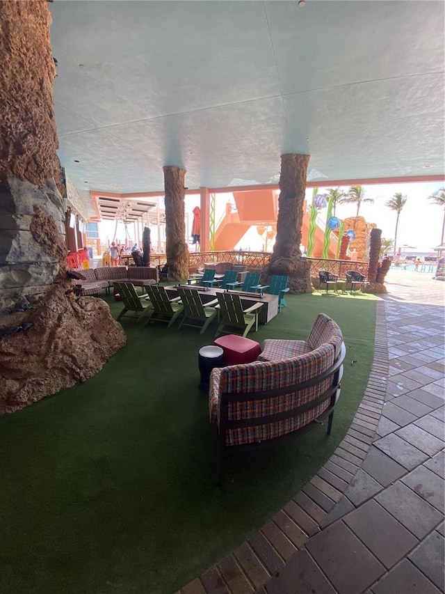 view of patio terrace at dusk