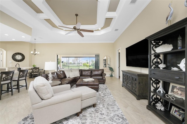 living room with ceiling fan with notable chandelier and crown molding