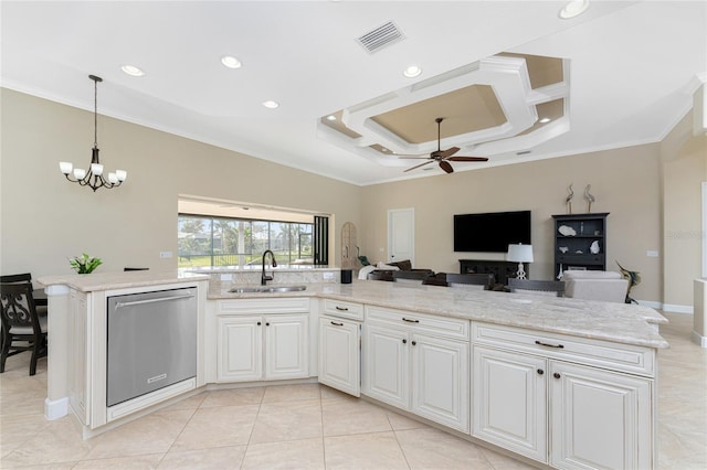 kitchen featuring dishwasher, ornamental molding, white cabinetry, and sink