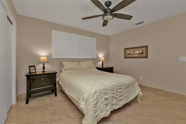 bedroom with ceiling fan, visible vents, and a closet