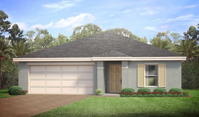 view of front of house with a garage, a front yard, stucco siding, a shingled roof, and driveway