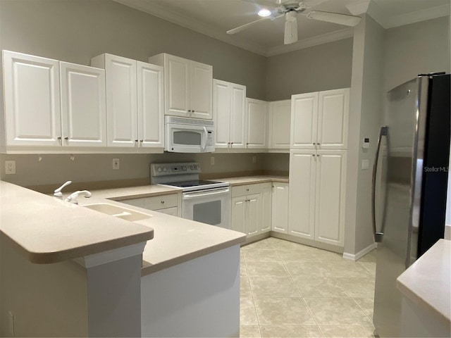 kitchen with white cabinetry, sink, kitchen peninsula, white appliances, and ornamental molding