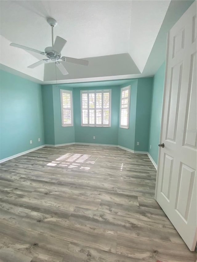 spare room featuring ceiling fan, a wealth of natural light, and light hardwood / wood-style flooring