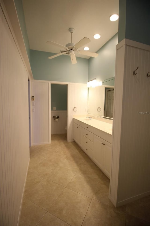 bathroom with vanity, tile patterned floors, and ceiling fan