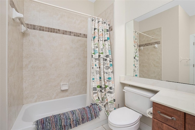 full bathroom with toilet, vanity, tile patterned flooring, and shower / bathtub combination with curtain