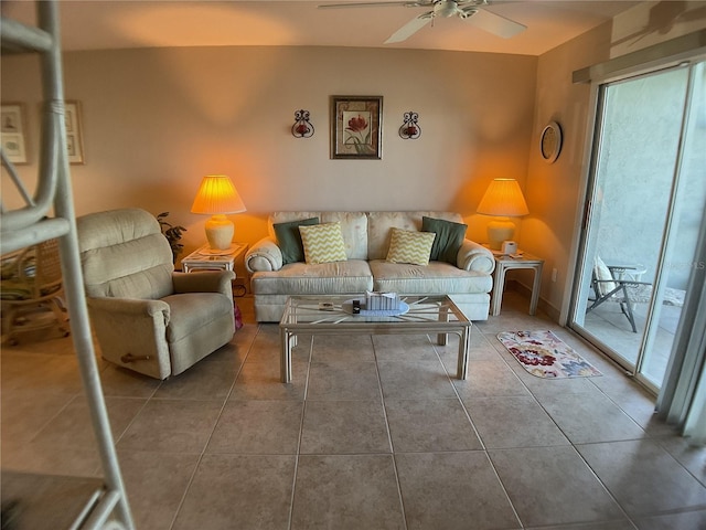 tiled living room featuring ceiling fan