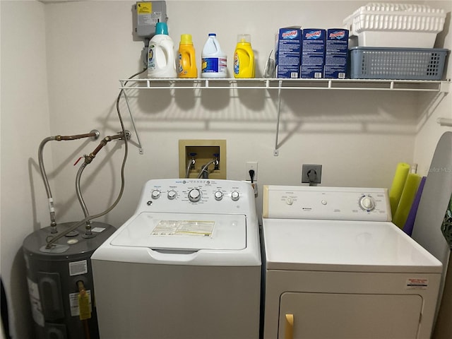 laundry area with electric water heater and washing machine and dryer