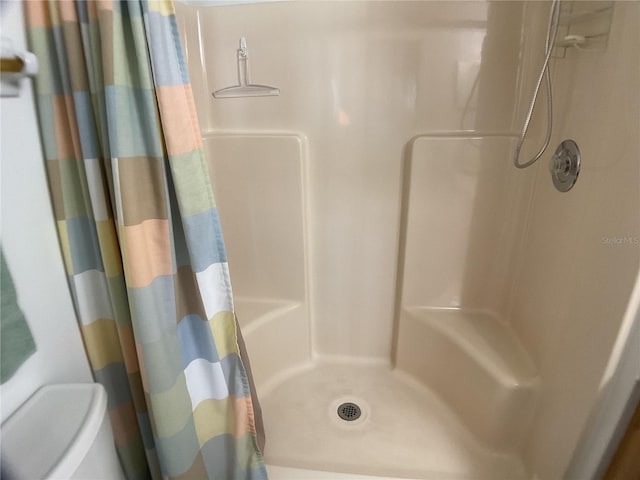 bathroom featuring toilet and a shower with shower curtain