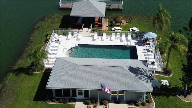 drone / aerial view featuring a water view