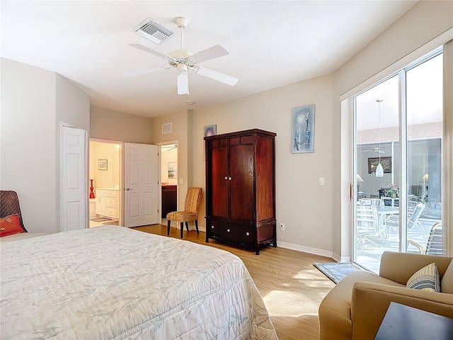 bedroom with light hardwood / wood-style flooring, access to exterior, and ceiling fan