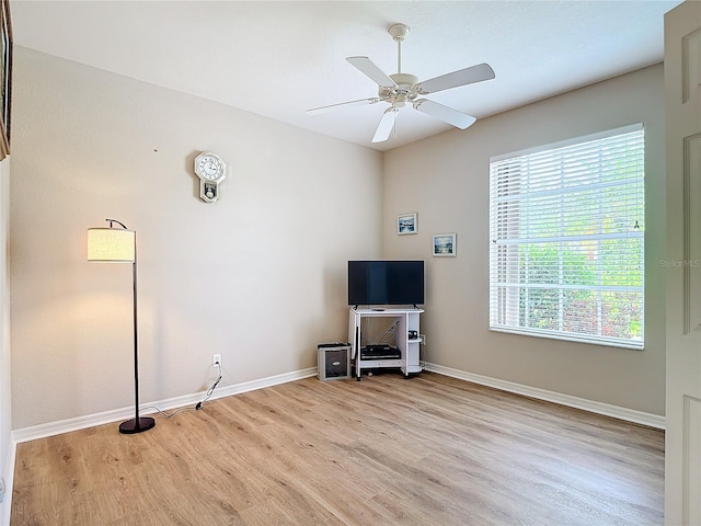 unfurnished living room with light hardwood / wood-style flooring and ceiling fan