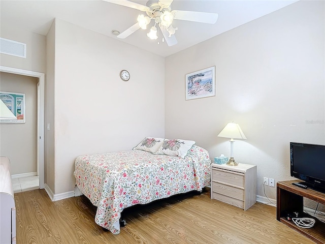 bedroom with ceiling fan and light hardwood / wood-style flooring