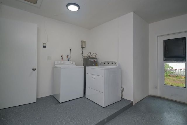 washroom with independent washer and dryer and electric water heater