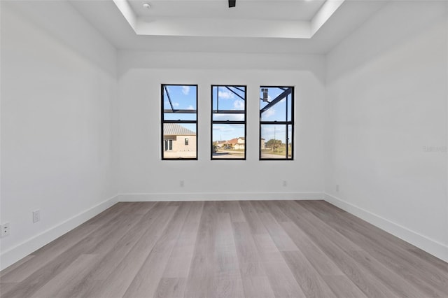 spare room featuring a tray ceiling and light hardwood / wood-style flooring