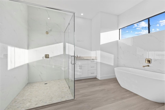 bathroom featuring separate shower and tub, vanity, and wood-type flooring