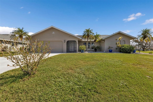 ranch-style home with a front yard and a garage