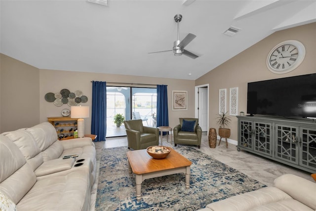 living room featuring lofted ceiling and ceiling fan