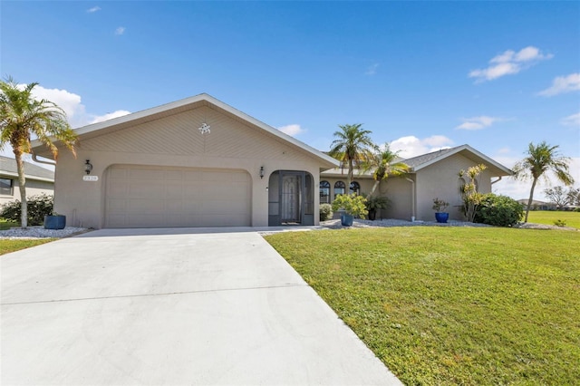 ranch-style house with a front lawn and a garage