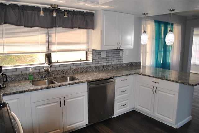 kitchen featuring sink, backsplash, kitchen peninsula, stainless steel dishwasher, and white cabinets