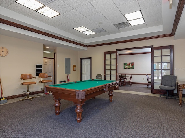 playroom featuring french doors, pool table, a tray ceiling, crown molding, and carpet floors