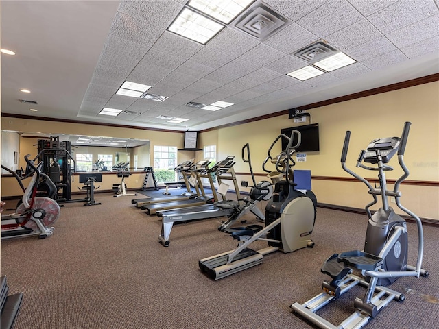 workout area with ornamental molding