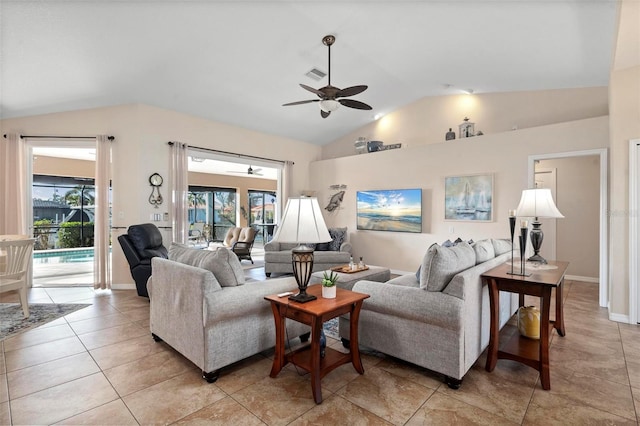 tiled living room with ceiling fan and lofted ceiling